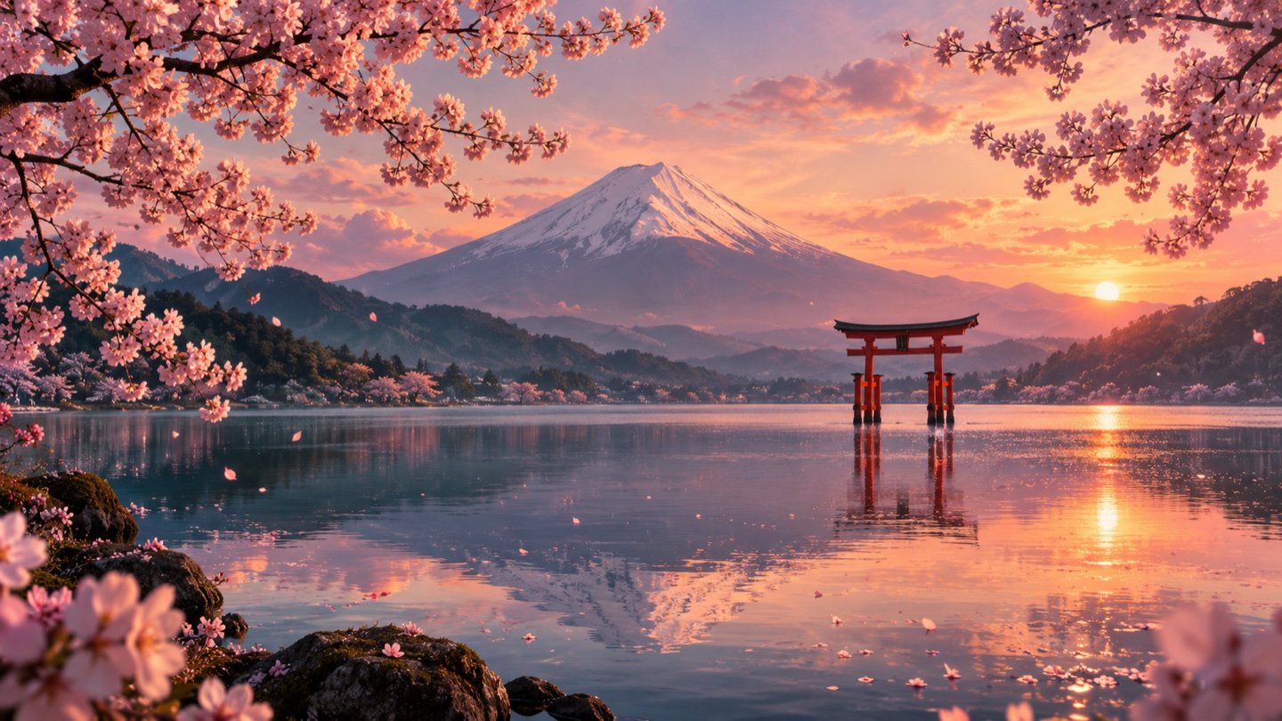 夕暮れの静かな湖、富士山と鳥居を彩る桜